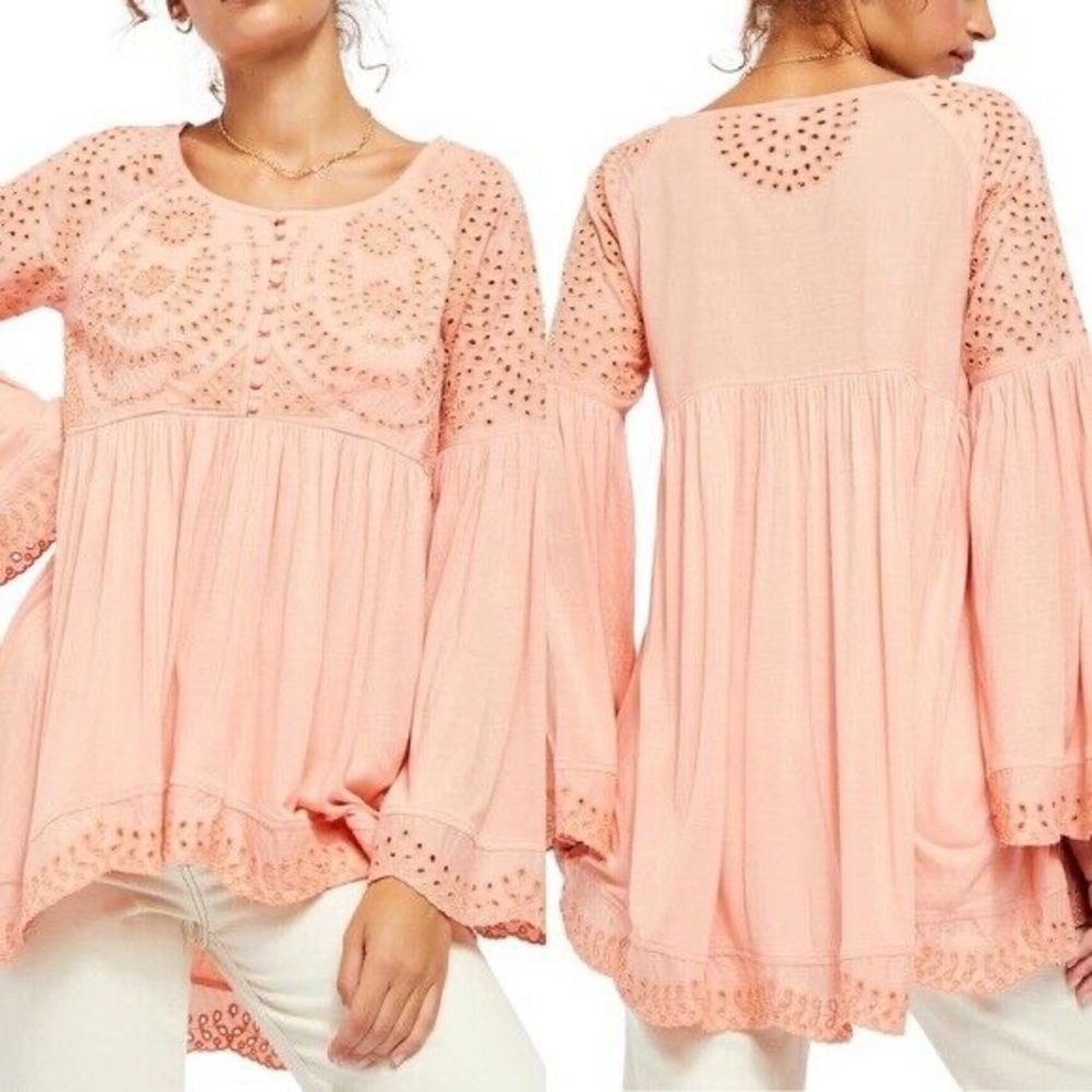 Free People: Peach Long Sleeve Detailed Top
